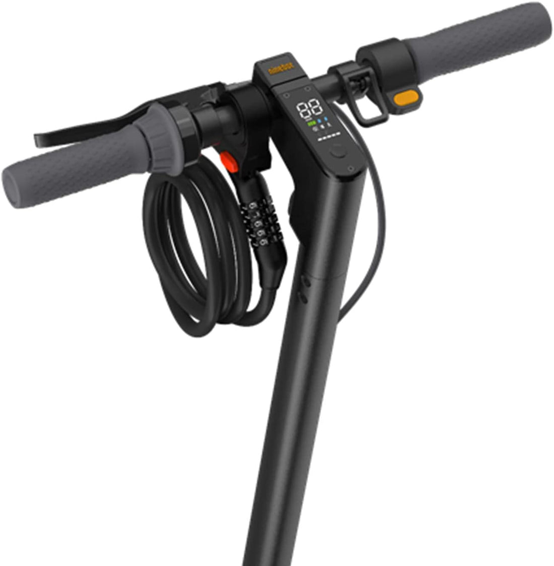 ninebot max and its accessories that are scooter lock and charging cable