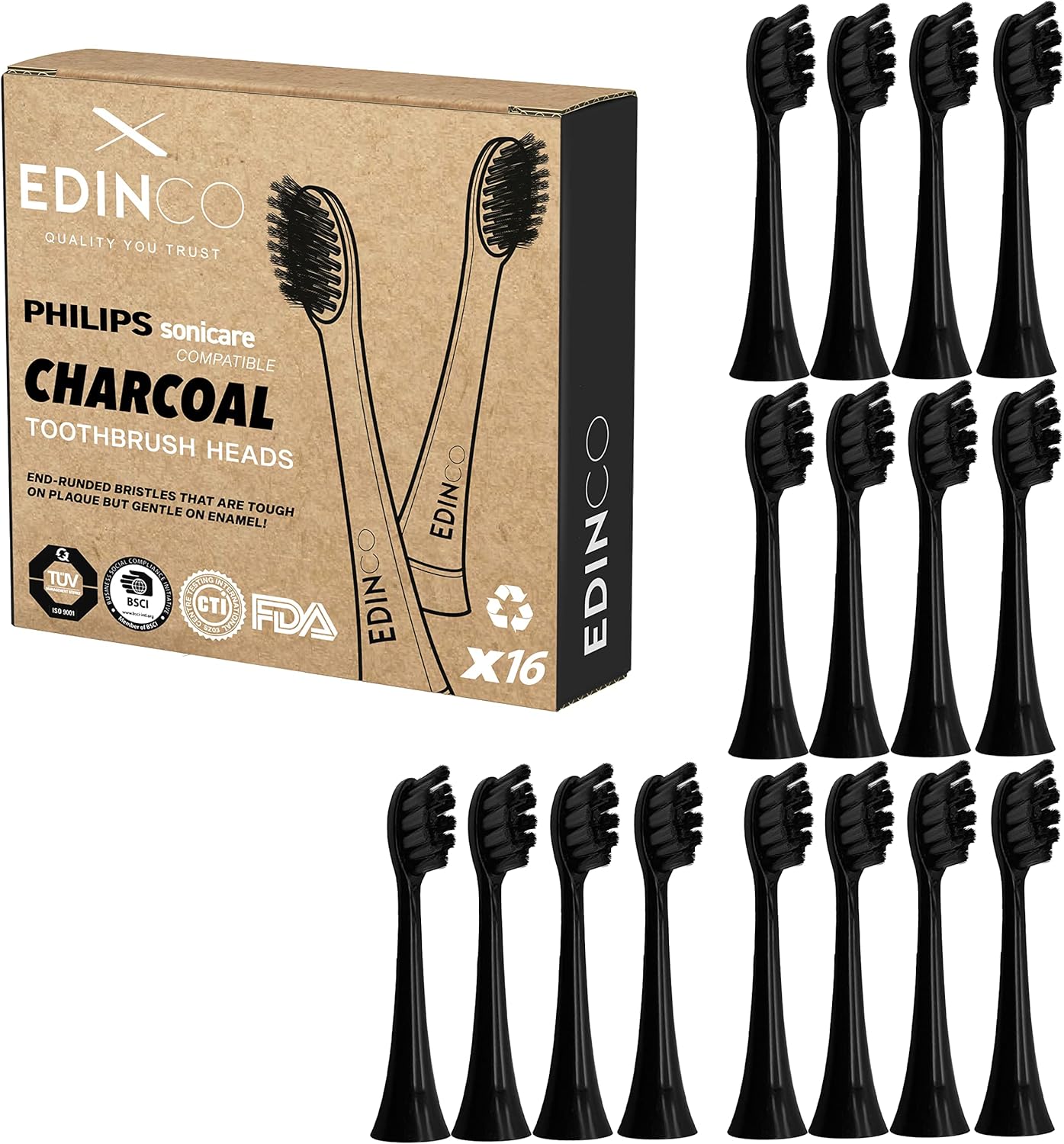 Edinco Philips Sonicare compatible toothbrush heads in charcoal color with 16 gentle bristles