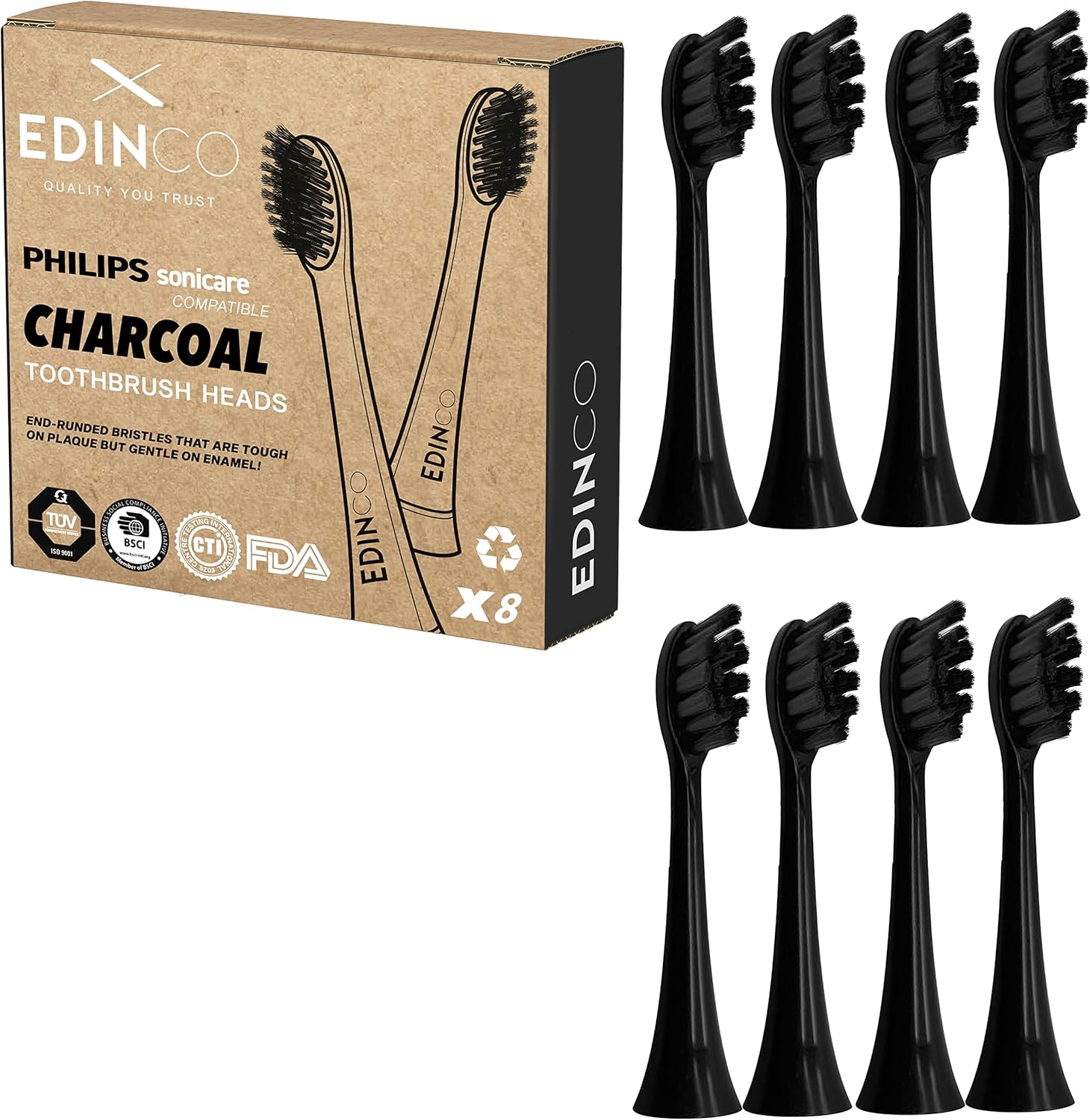 Edinco Philips Sonicare compatible toothbrush heads in charcoal with eight durable bristle replacements