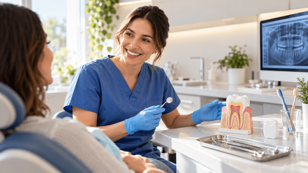 Friendly dentist discussing oral health with a patient using a tooth model during a dental consultation.