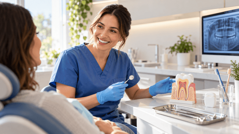 Friendly dentist discussing oral health with a patient using a tooth model during a dental consultation.