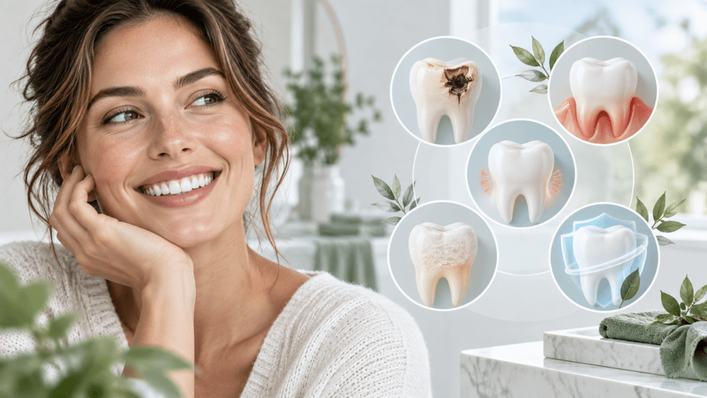 Woman with a healthy smile alongside dental illustrations representing common oral health problems and prevention approaches.