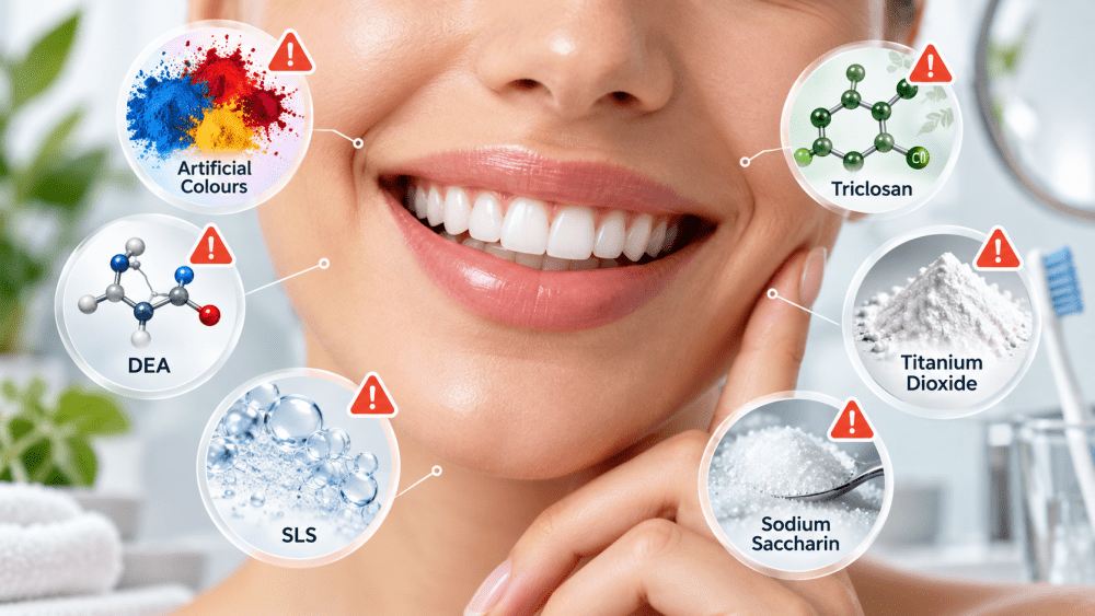 Smiling mouth surrounded by warning icons highlighting toothpaste ingredients including artificial colours, DEA, SLS, triclosan, titanium dioxide and sodium saccharin.