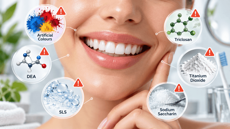 Smiling mouth surrounded by warning icons highlighting toothpaste ingredients including artificial colours, DEA, SLS, triclosan, titanium dioxide and sodium saccharin.