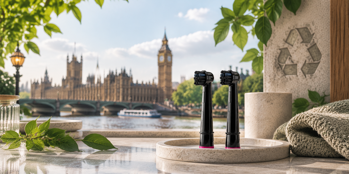 Black recyclable electric toothbrush heads displayed on a stone tray with a London skyline background, promoting sustainable oral care and toothbrush head recycling in the UK.