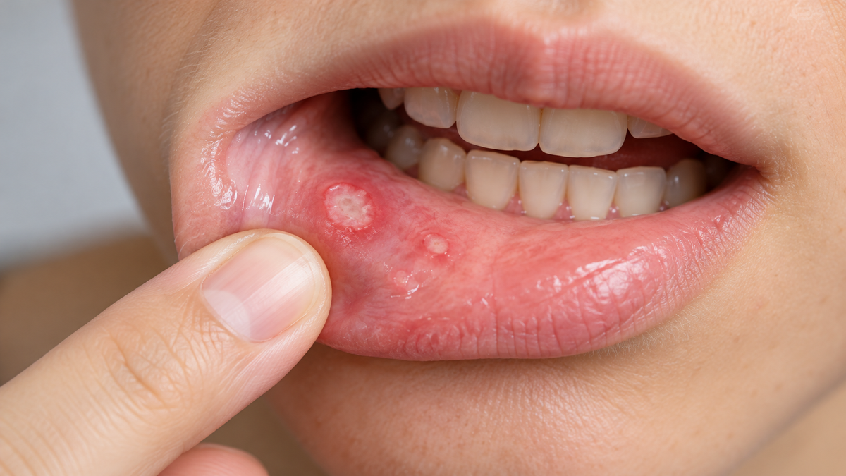 Close-up of a mouth with visible ulcers on the inner lower lip, showing red and white sores associated with mouth ulcers.