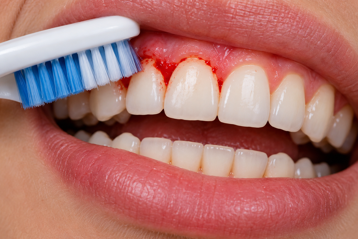 Close-up of a toothbrush gently brushing along red, bleeding gums and clean teeth, illustrating gum irritation during brushing.