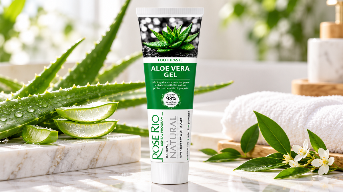 Edinco Rose Rio Aloe Vera Gel toothpaste with aloe vera leaves and spa-inspired natural setting, featuring a 98% natural-origin formula.
