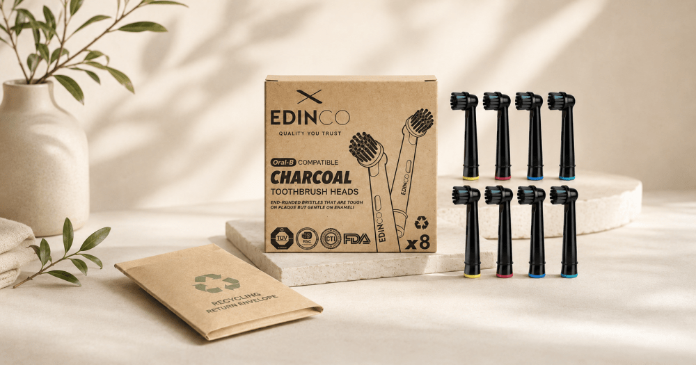 Edinco charcoal toothbrush heads with recyclable packaging for a toothbrush head recycling blog