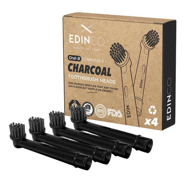 An eco-friendly electric toothbrush head subscription box showcasing recyclable charcoal brush heads.