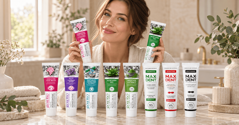 British woman showcasing EDINCO natural toothpaste collection with Rose Rio and MaxDent botanical oral care products in a modern bathroom setting