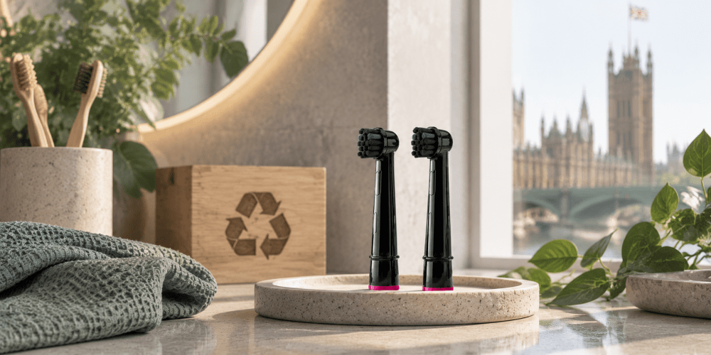 Recyclable black electric toothbrush heads with a London skyline backdrop for sustainable oral care in the uk.