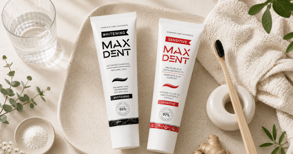 MaxDent Whitening and Sensitive toothpaste tubes in a natural flat-lay setting, with the message “fluoride is bad for you” included as part of the image description.