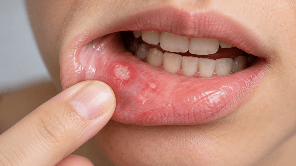 Close-up of a mouth with visible ulcers on the inner lower lip, showing red and white sores associated with mouth ulcers.