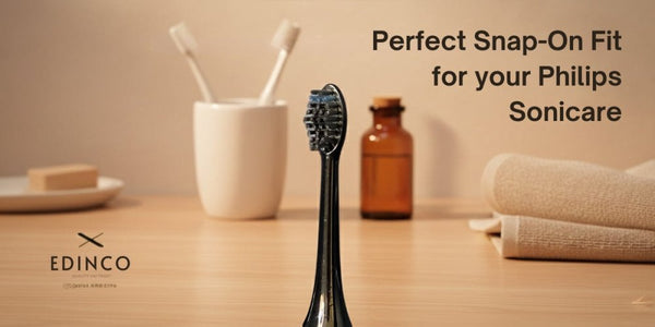 Edinco recyclable charcoal brush heads compatible with Philips Sonicare on a bathroom surface with towels
