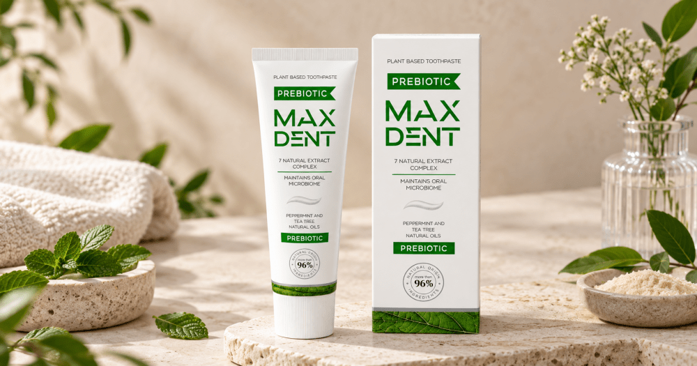 MaxDent Prebiotic Toothpaste for oral microbiome care with plant-based ingredients and natural botanical extracts