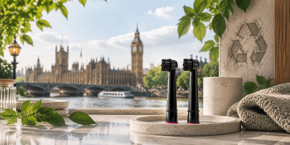 Black recyclable electric toothbrush heads displayed on a stone tray with a London skyline background, promoting sustainable oral care and toothbrush head recycling in the UK.