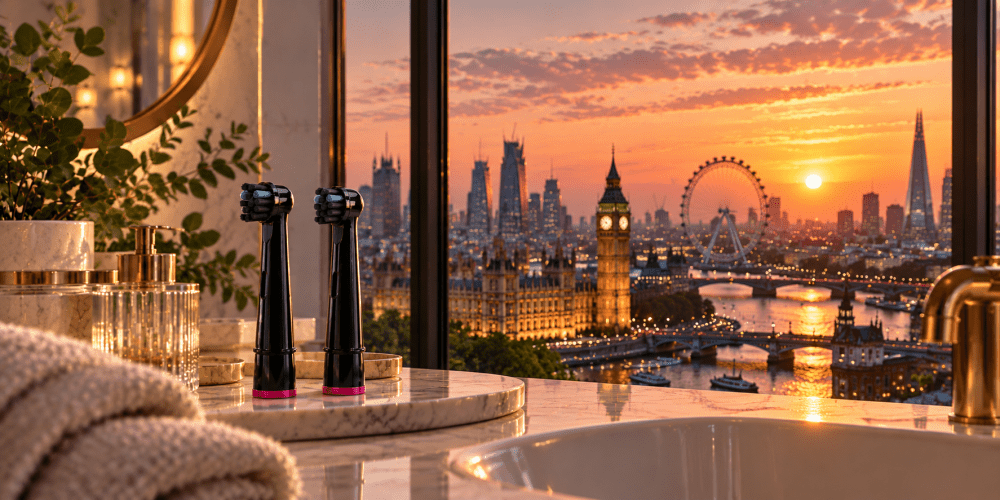 Black recyclable electric toothbrush heads displayed on a stone tray with a London skyline background, promoting sustainable oral care and toothbrush head recycling in the UK.