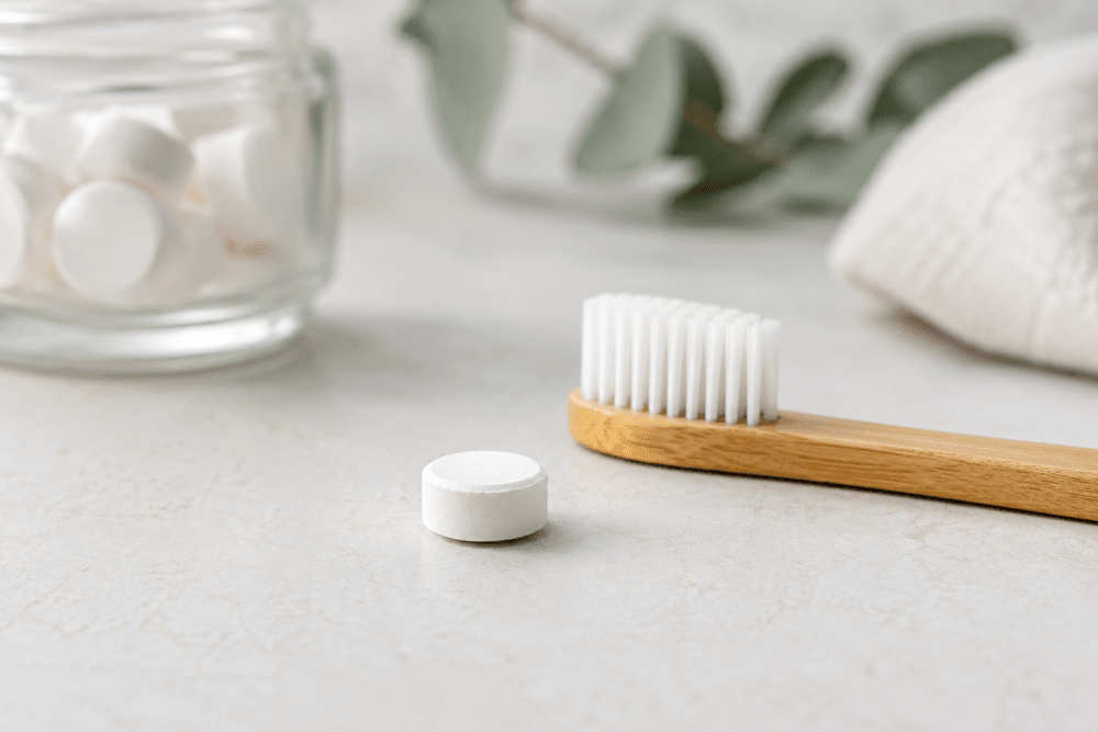 Minimalist toothpaste tablets UK beside a bamboo toothbrush and glass jar, illustrating sustainable oral care in the UK.