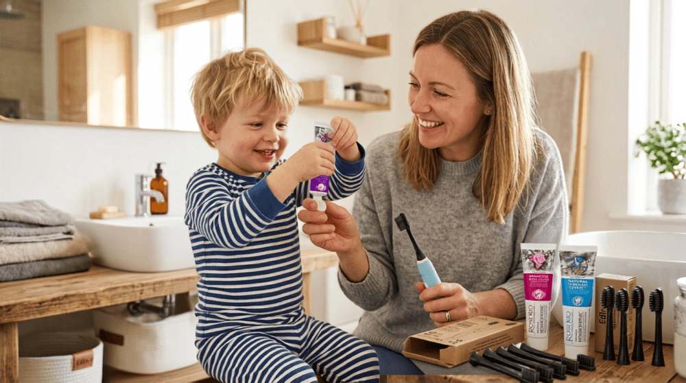 A mother and son smiling, dental routine in a bathroom, Edinco charcoal brush heads and Rose Rio homeopathic toothpaste tubes