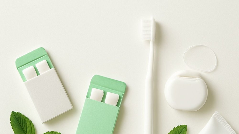 A dental health infographic showing natural, plastic-free xylitol chewing gum pieces alongside organic mint leaves.