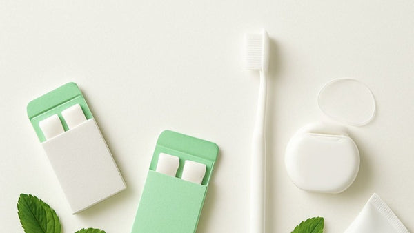 A dental health infographic showing natural, plastic-free xylitol chewing gum pieces alongside organic mint leaves.