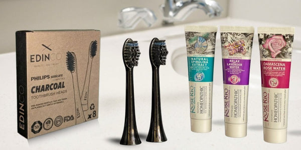 Edinco sustainable toothbrush and toothpaste bundle featuring zero-waste tubes and recyclable electric brush heads