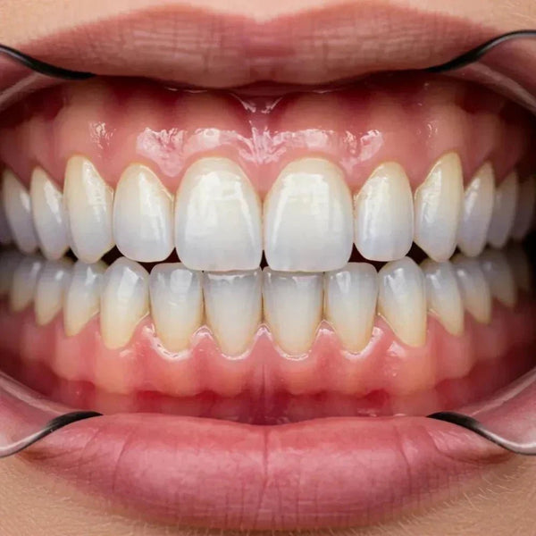 A close-up dental view of slightly inflamed, red upper and lower gums surrounding a set of teeth, illustrating mild gingivitis and gum sensitivity.