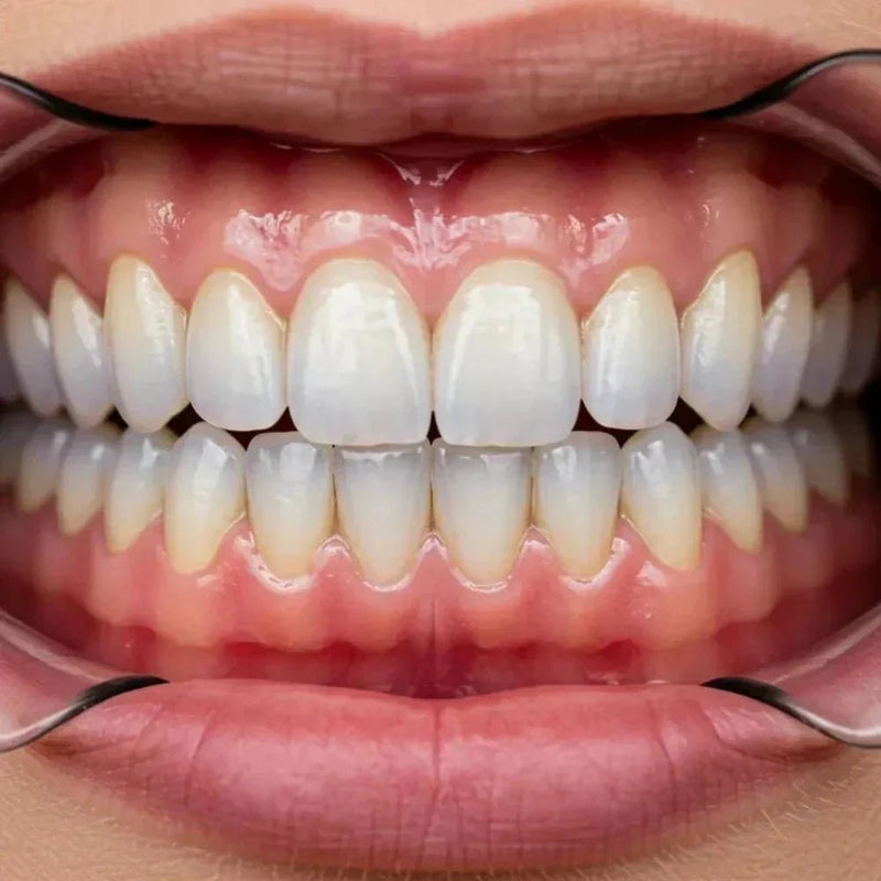 A close-up dental view of slightly inflamed, red upper and lower gums surrounding a set of teeth, illustrating mild gingivitis and gum sensitivity.