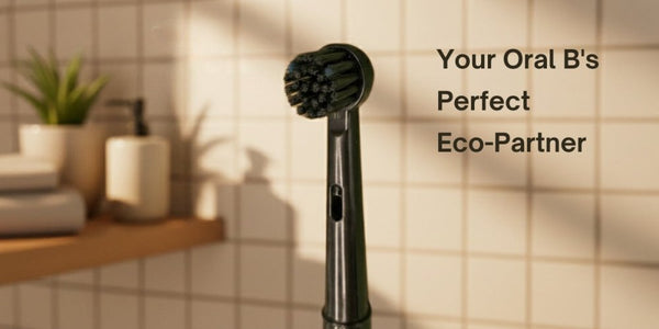 An educational diagram showcasing premium, recyclable Oral-B compatible Junior brush heads for children's toothbrushes.