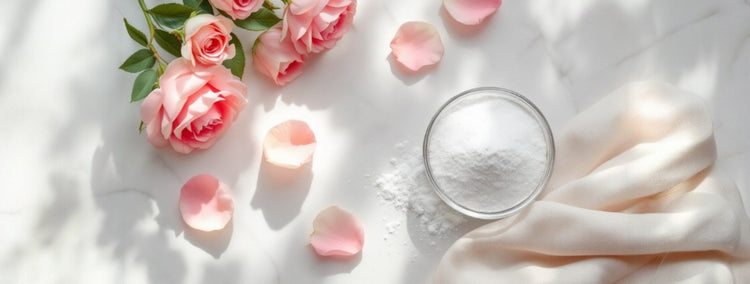 Natural Damascena Rose extract and silica powder, key ingredients in fluoride-free toothpaste for soothing and whitening.