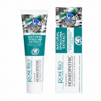 Edinco UK presents Rose Rio Homeopathic Toothpaste with Natural Spirulina Extract, formulated for vitality gums and healthy teeth. The packaging features a vibrant, colorful mosaic ammonite shell illustration on a splashing water background. The teal and white design details its formulation with sea minerals, spirulina, and natural xylitol. This advanced care, fresh no-mint aroma toothpaste is perfect for holistic oral hygiene and natural dental care routines in the UK.