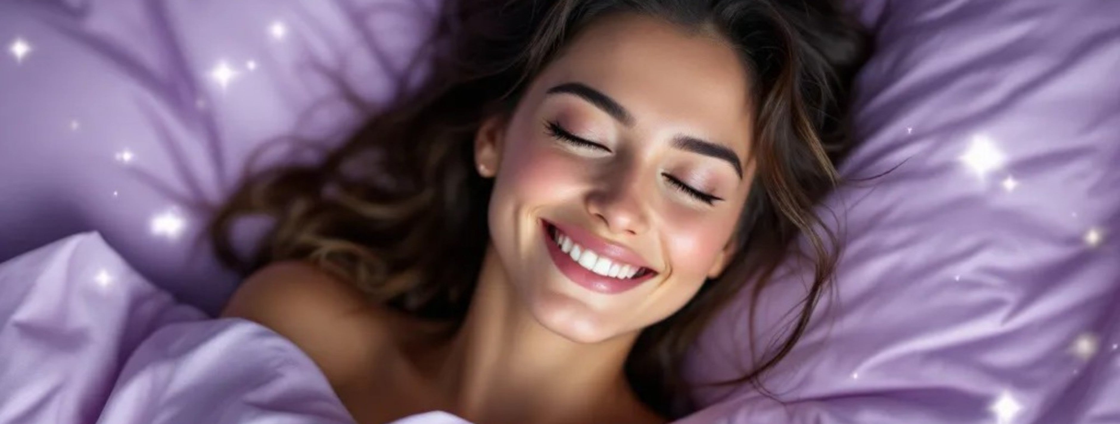 A woman relaxed, smiling with a bright smile in bed with visuals representing calming ritual and gentle whitening benefits of Lavender natural extract toothpaste