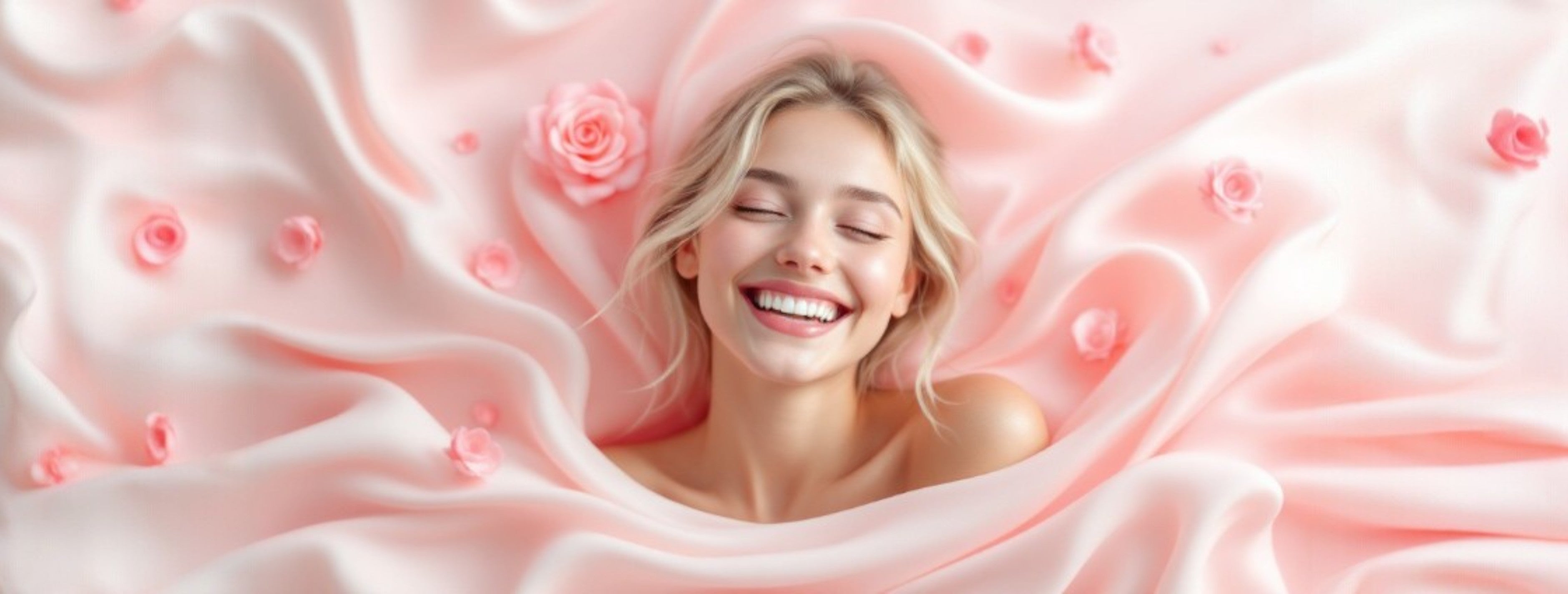 Abstract image of smiling girl with white teeth in a soothing background representing the soothing comfort and gentle whitening benefits of Edinco Rose natural extract toothpaste.