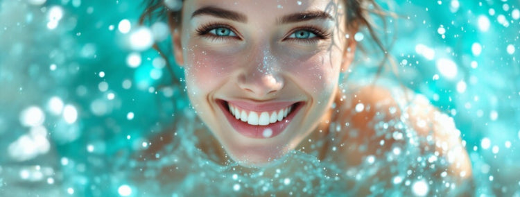 Abstract image of smiling woman in the sea, representing the revitalizing feel, remineralizing effect and gentle whitening benefits of Sea Minerals and Spirulina natural extract toothpaste.