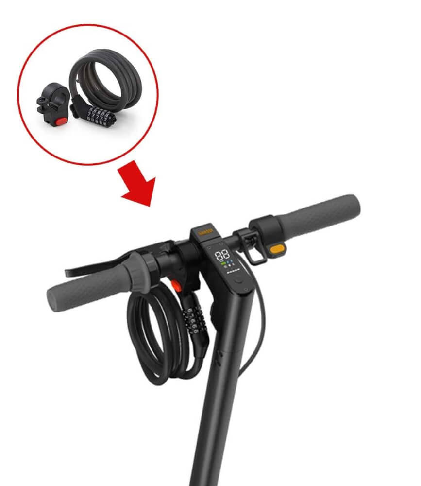 Edinco bike and scooter lock with combination code, attached to the handlebar of a scooter