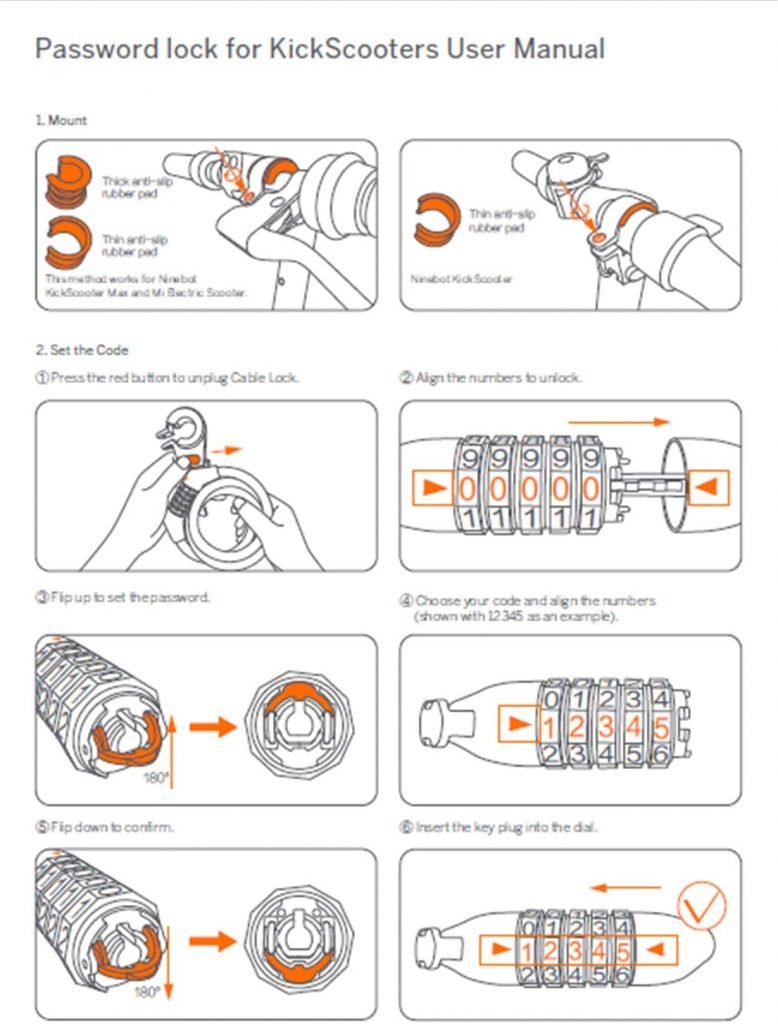 User manual for Edinco bike and scooter lock with code-setting instructions for security