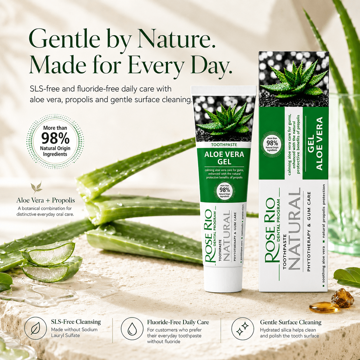 Edinco Aloe Vera Toothpaste with Propolis, SLS-Free and Fluoride-Free, 98% Natural Toothpaste for Gentle Gum Care, 65 ml - Edinco-Edinco
