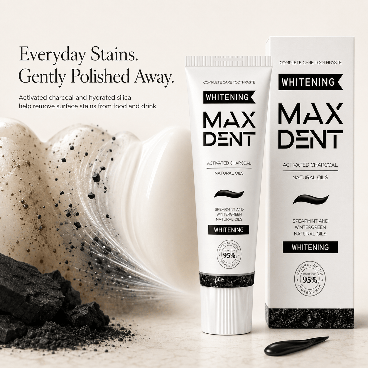 Edinco Charcoal Whitening Toothpaste with Fluoride, Coconut Activated Charcoal, 95% Natural Toothpaste, Surface Stain Removal, Fresh Breath & Tartar Control, 75 ml - Edinco-Edinco