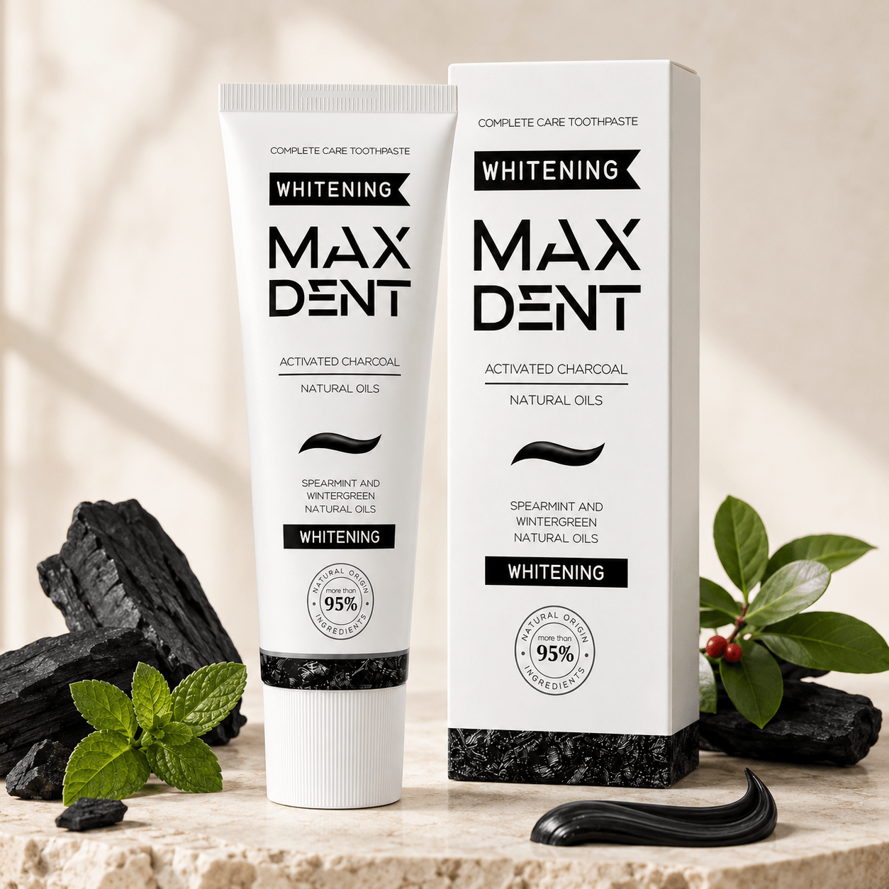 Edinco Charcoal Whitening Toothpaste with Fluoride, Coconut Activated Charcoal, 95% Natural Toothpaste, Surface Stain Removal, Fresh Breath & Tartar Control, 75 ml - Edinco-Edinco