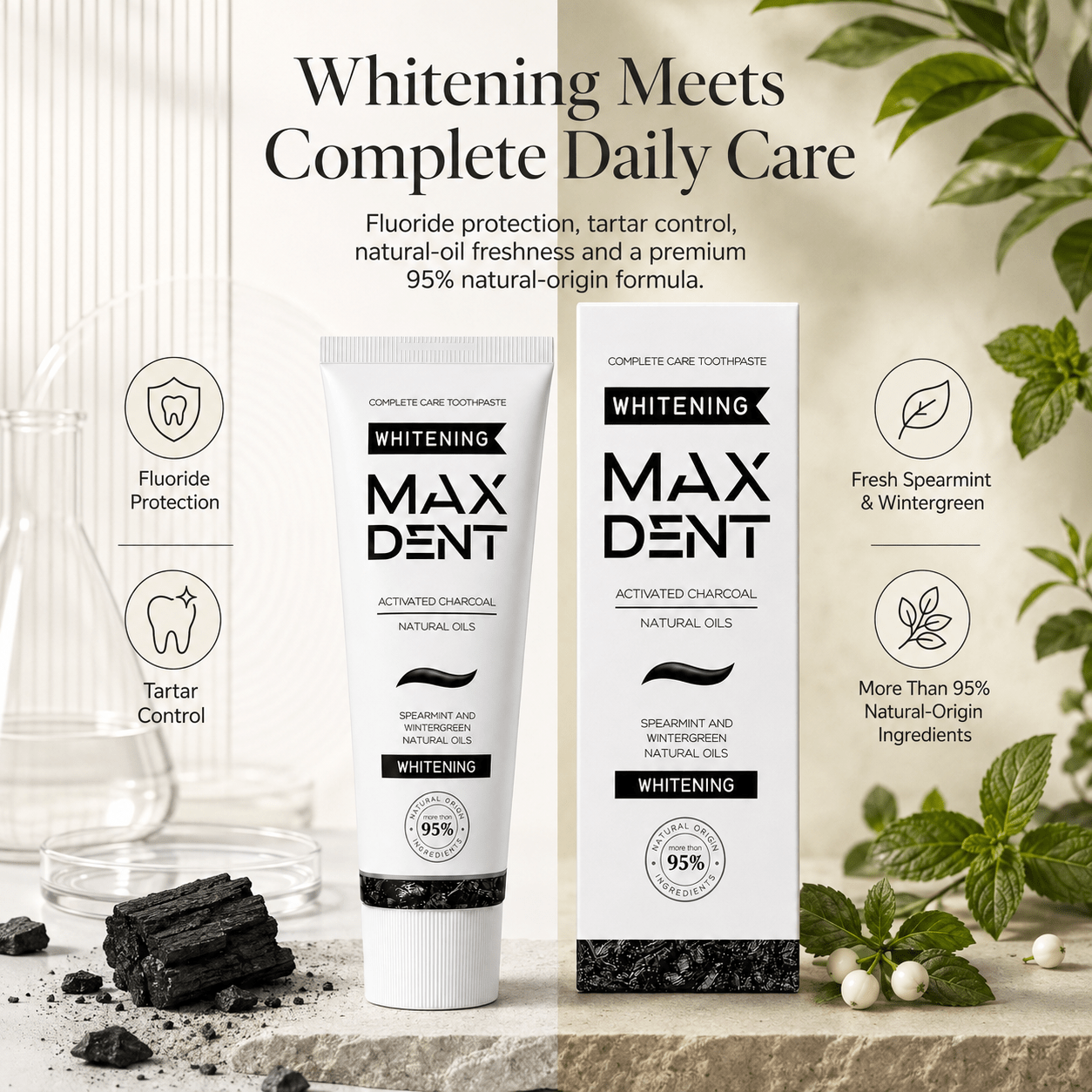 Edinco Charcoal Whitening Toothpaste with Fluoride, Coconut Activated Charcoal, 95% Natural Toothpaste, Surface Stain Removal, Fresh Breath & Tartar Control, 75 ml - Edinco-Edinco