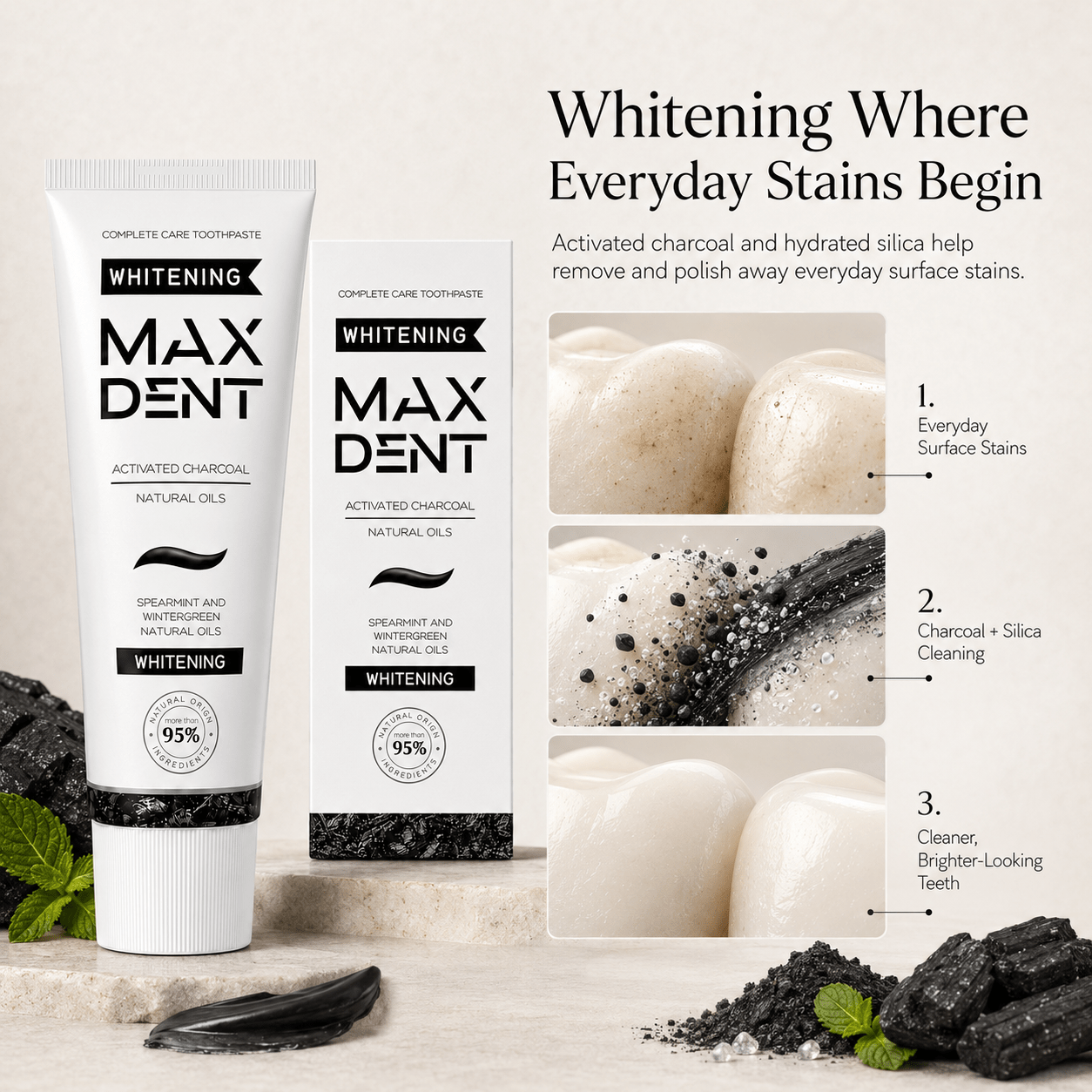 Edinco Charcoal Whitening Toothpaste with Fluoride, Coconut Activated Charcoal, 95% Natural Toothpaste, Surface Stain Removal, Fresh Breath & Tartar Control, 75 ml - Edinco-Edinco