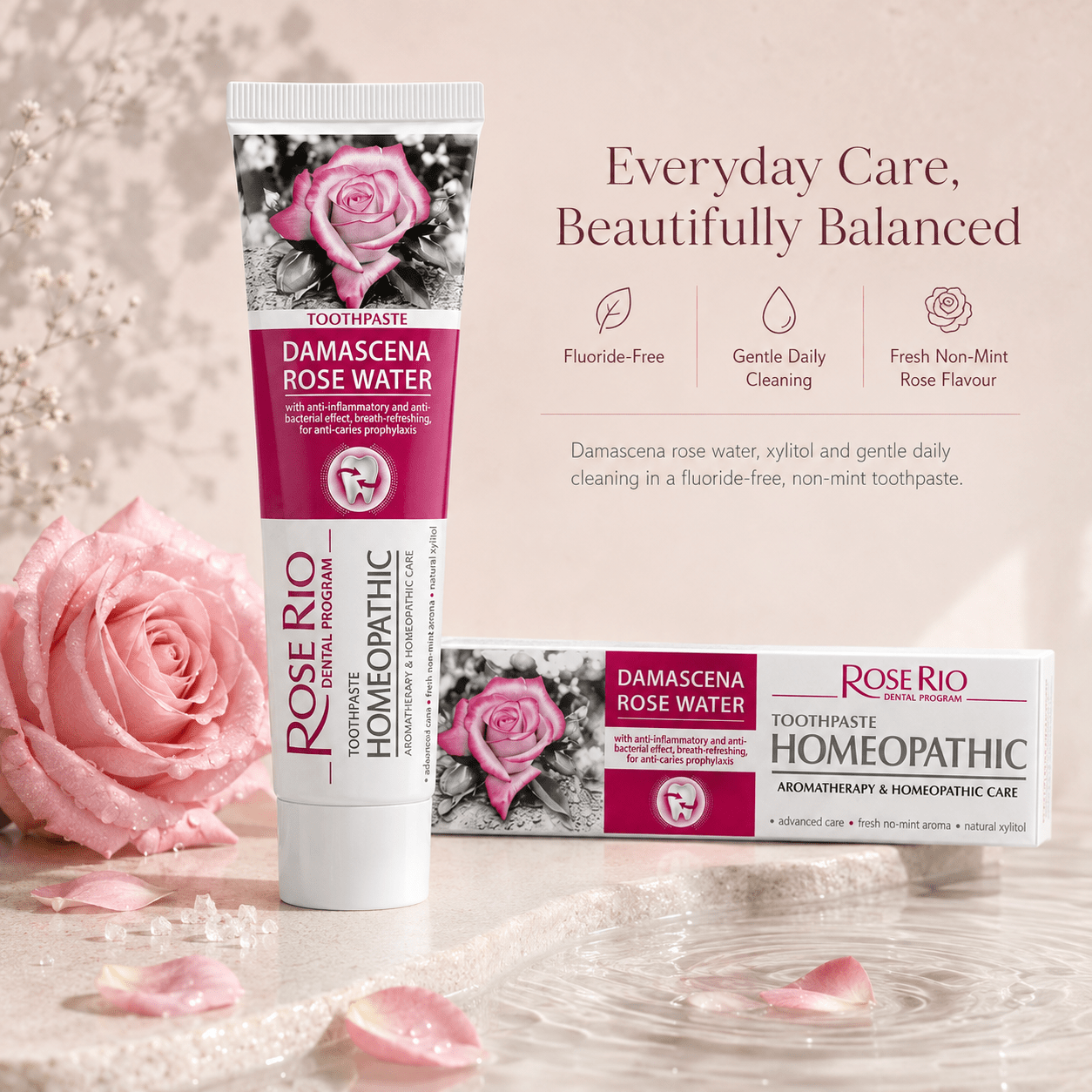 Edinco Damascena Rose Water Toothpaste, Fluoride-Free Non-Mint Toothpaste with Xylitol, Gentle Cleansing for Teeth and Gums, Rose-Flavoured Everyday Oral Care, 65 ml - Edinco-Edinco
