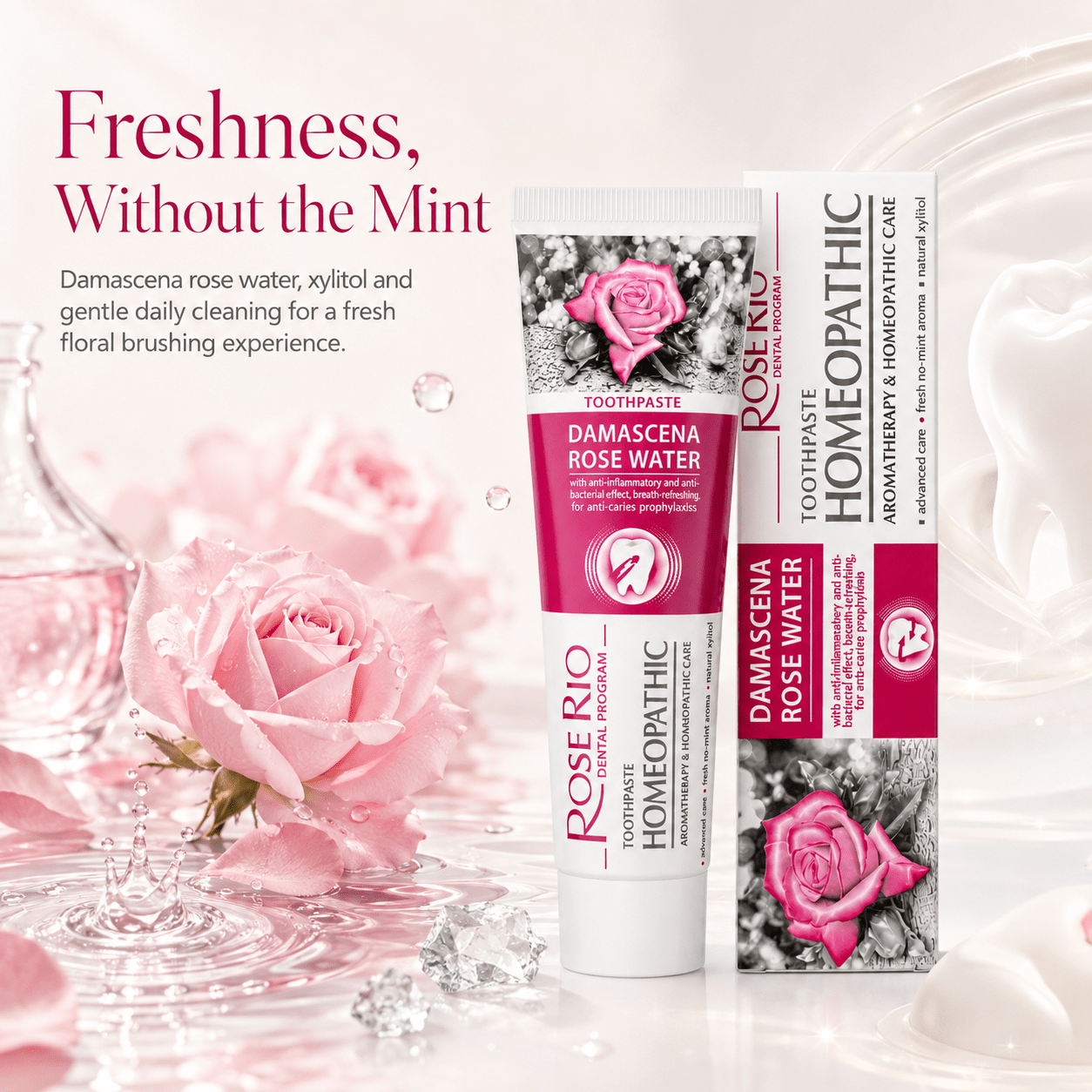 Edinco Damascena Rose Water Toothpaste, Fluoride-Free Non-Mint Toothpaste with Xylitol, Gentle Cleansing for Teeth and Gums, Rose-Flavoured Everyday Oral Care, 65 ml - Edinco-Edinco