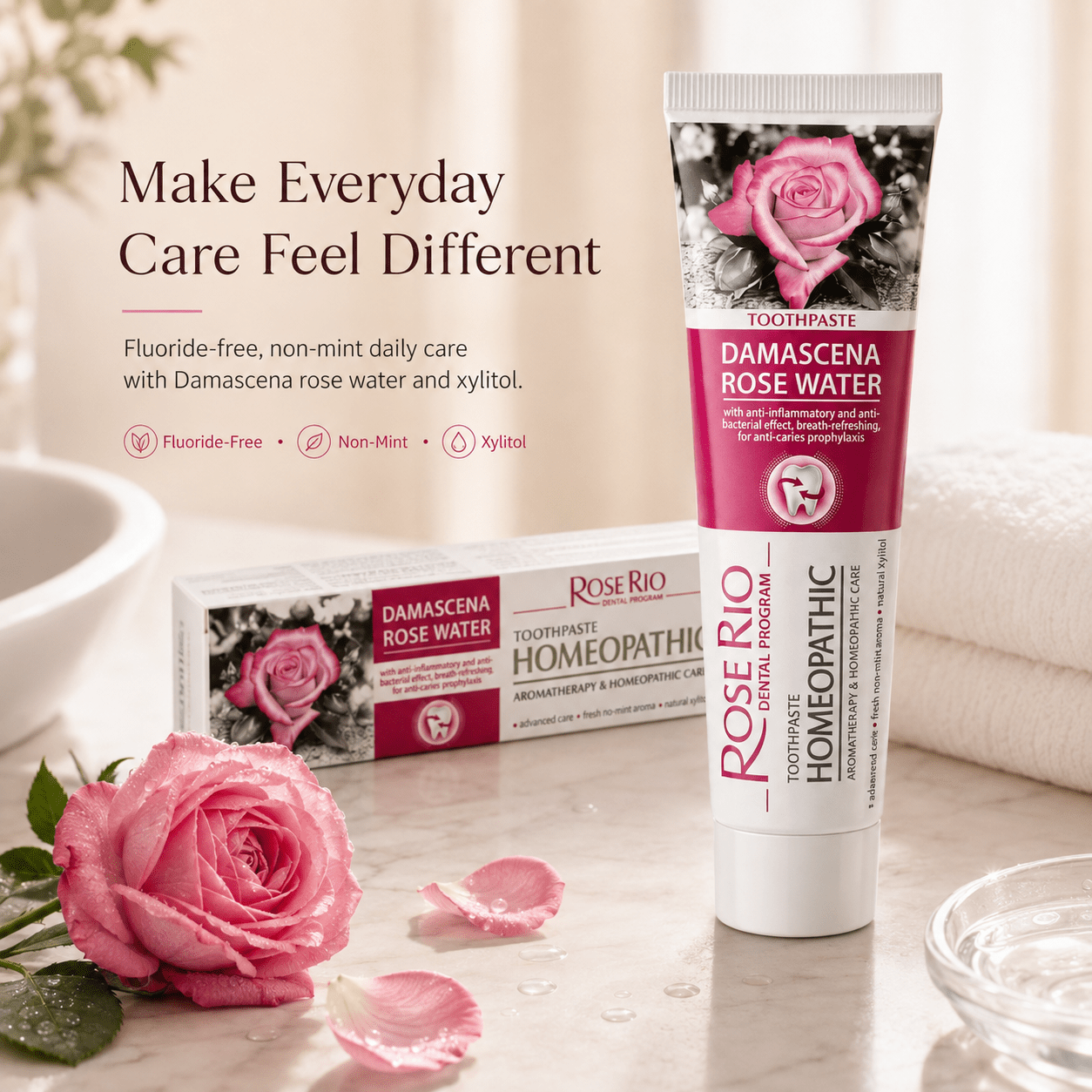 Edinco Damascena Rose Water Toothpaste, Fluoride-Free Non-Mint Toothpaste with Xylitol, Gentle Cleansing for Teeth and Gums, Rose-Flavoured Everyday Oral Care, 65 ml - Edinco-Edinco