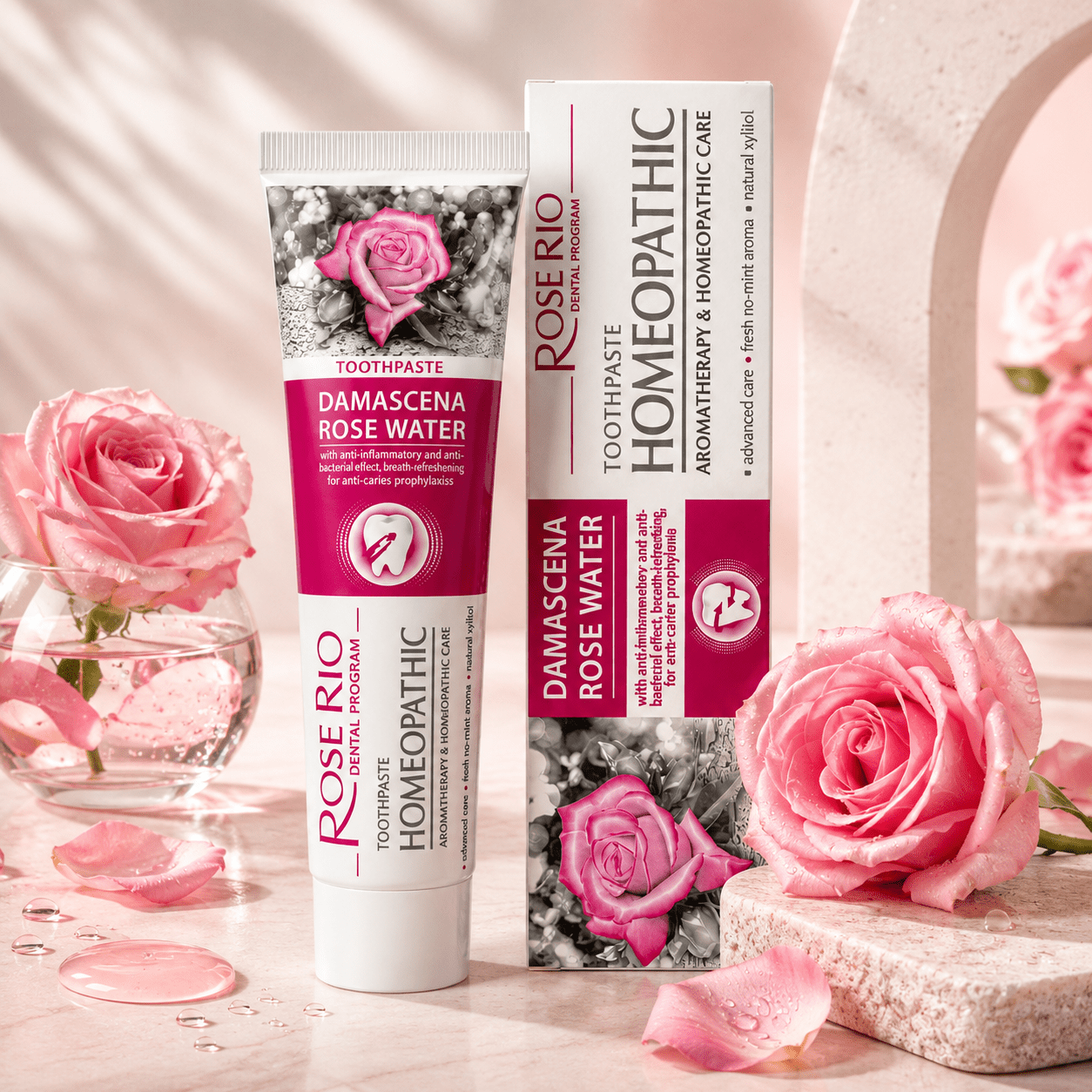 Edinco Damascena Rose Water Toothpaste, Fluoride-Free Non-Mint Toothpaste with Xylitol, Gentle Cleansing for Teeth and Gums, Rose-Flavoured Everyday Oral Care, 65 ml - Edinco-Edinco