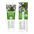 A tube and box of Rose Rio Natural Matcha Extract toothpaste shown on a plain white background. The packaging features a green and white design with an image of green matcha powder in a bowl.