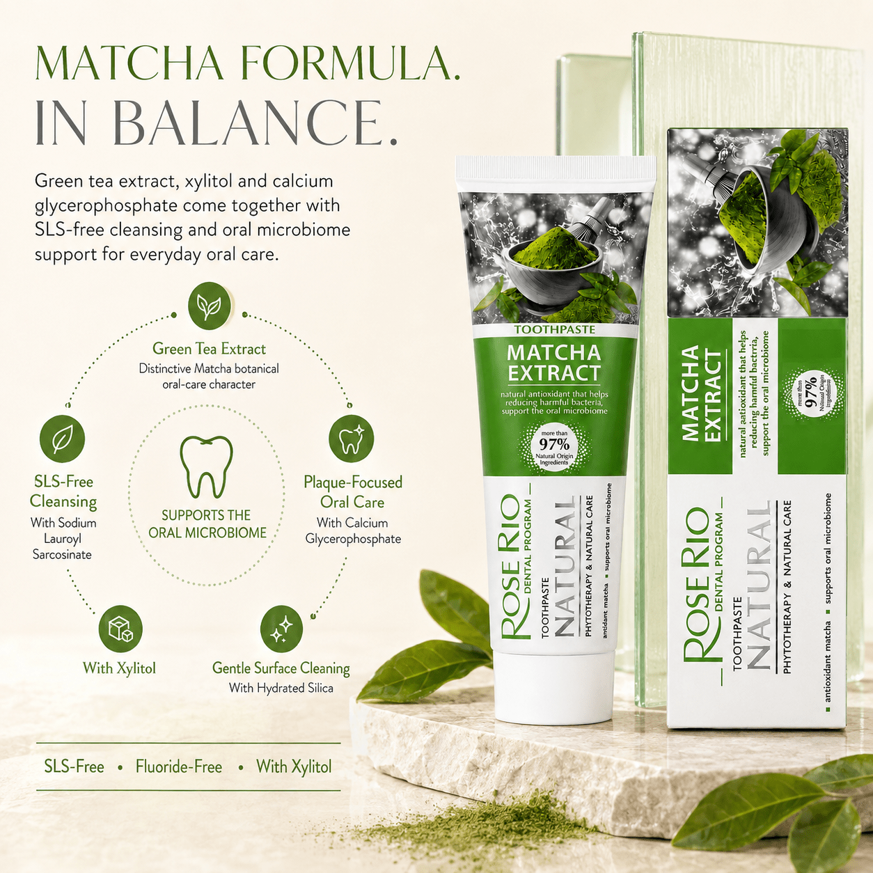 Edinco Matcha Toothpaste with Xylitol, SLS-Free and Fluoride-Free, 97% Natural Toothpaste, Green Tea Formula, 65 ml - Edinco-Edinco