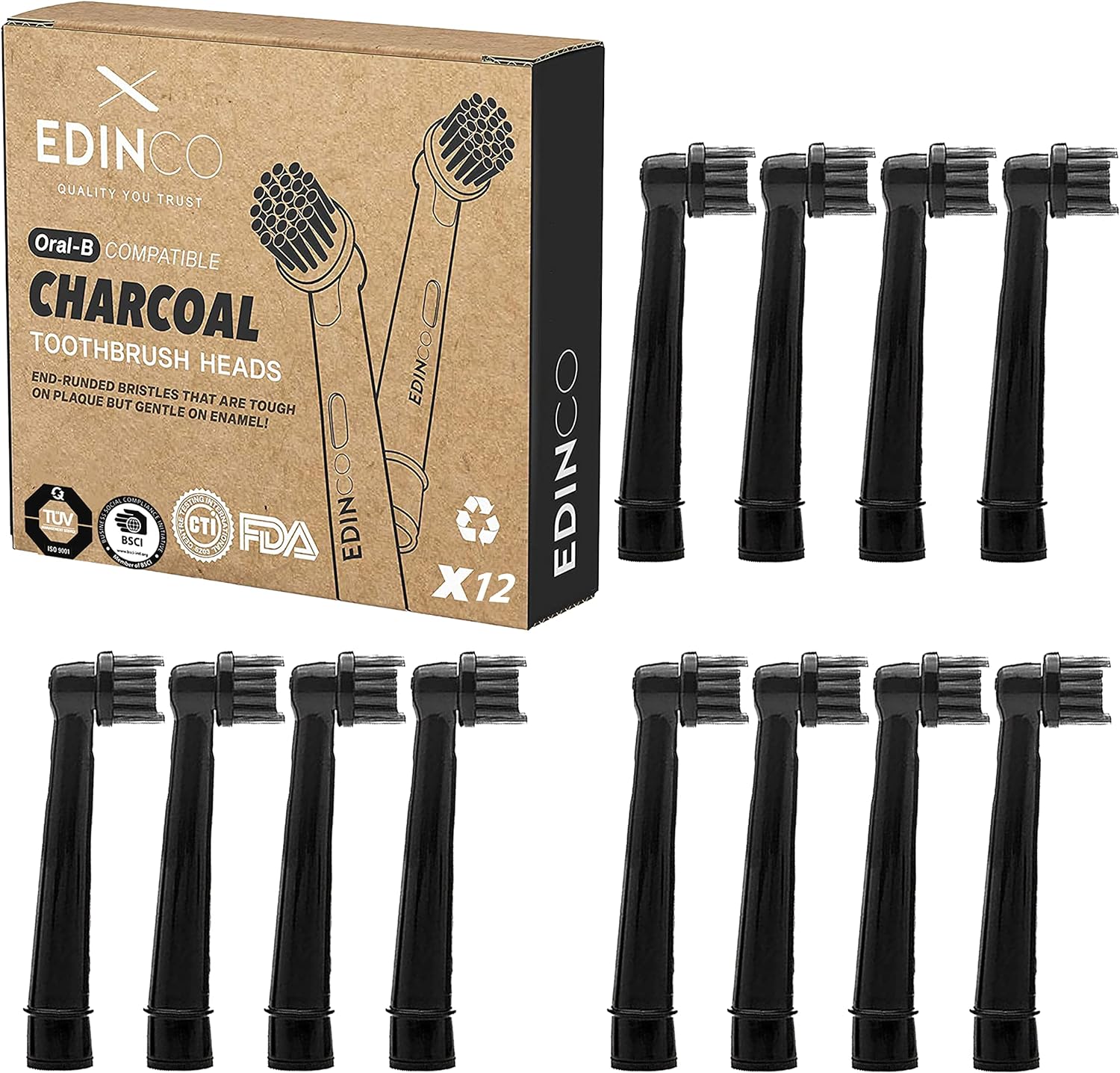 Edinco Charcoal Oral B compatible toothbrush heads in a pack of 12 for optimal dental care