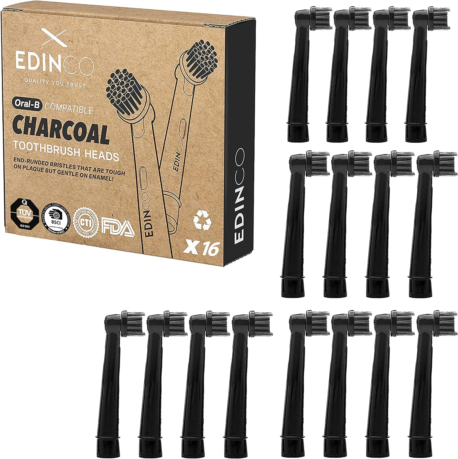 Edinco Charcoal Oral B compatible toothbrush heads with end-rounded bristles for effective plaque removal